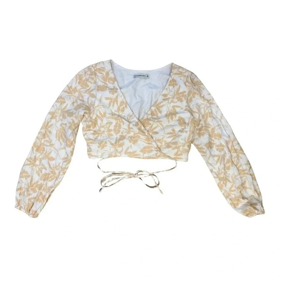 Abercrombie & Fitch Linen Wrap Top | Tan Floral | Size M - Picture 5 of 8